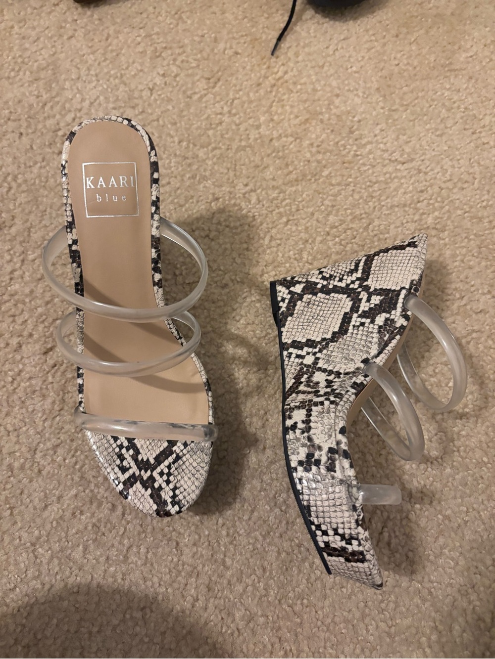 Kaari Blue Snake-Print Wedge Sandals with Clear Triple Straps